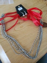 1021 Silver Chains W/ Red Ribbon Necklace Set (New) - $8.58