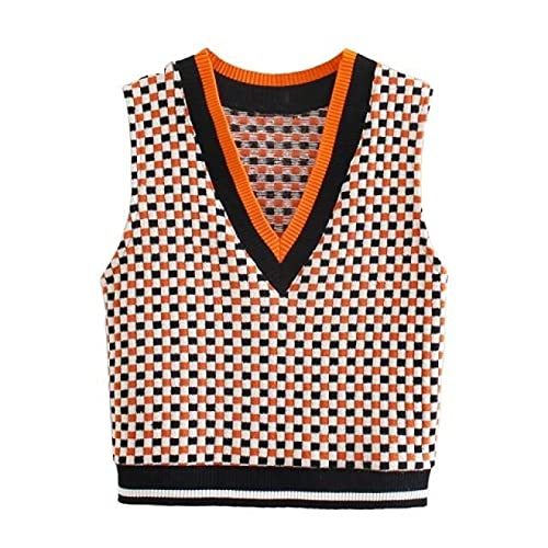 V Neck Contrast Color Plaid Knitting Sweater Female Sleeveless Casual Vest Chic