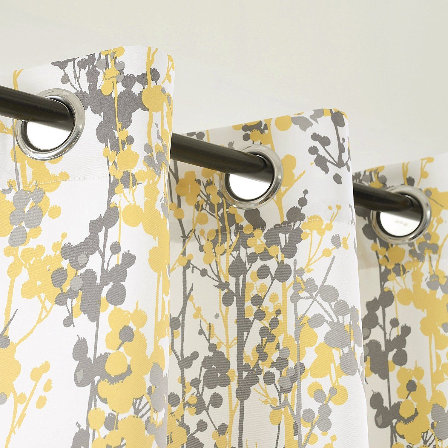 Set 2 Yellow Gray Grey White Floral Curtains Panels Drapes 84 inch L