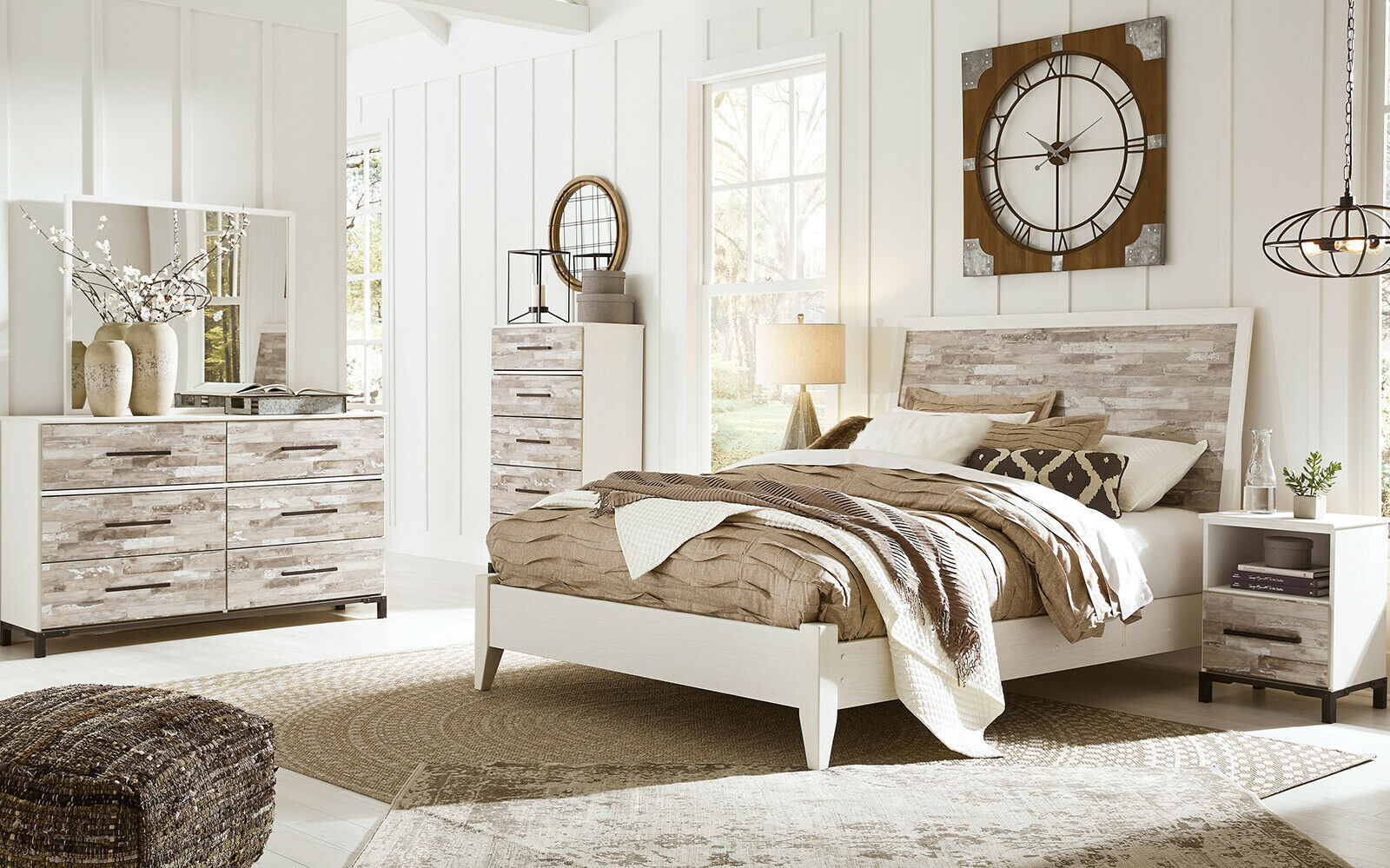 white bedroom with wood furniture