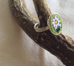 Adjustable Micro Mosaic Ring with Pink Flower on Green Tile Background - $24.00