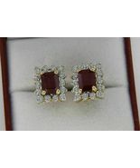3Ct Emerald Cut Red Garnet 14K Yellow Gold Finish Halo Stud Earrings For... - $129.99