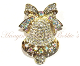 Bell Bow Pin Brooch Clear AB Crystal Dangle Ball Goldtone Christmas Holiday - $29.99