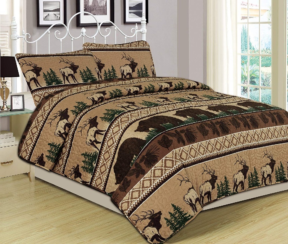 Country Western Bedding Set 2Pc Twin Size Quilt Bear Elk Cabin Lodge