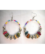 MULTI COLOR COCONUT WOOD &amp; ANTIQUE ALLOY &amp; SEED BEADED HOOP DANGLING EAR... - $3.99