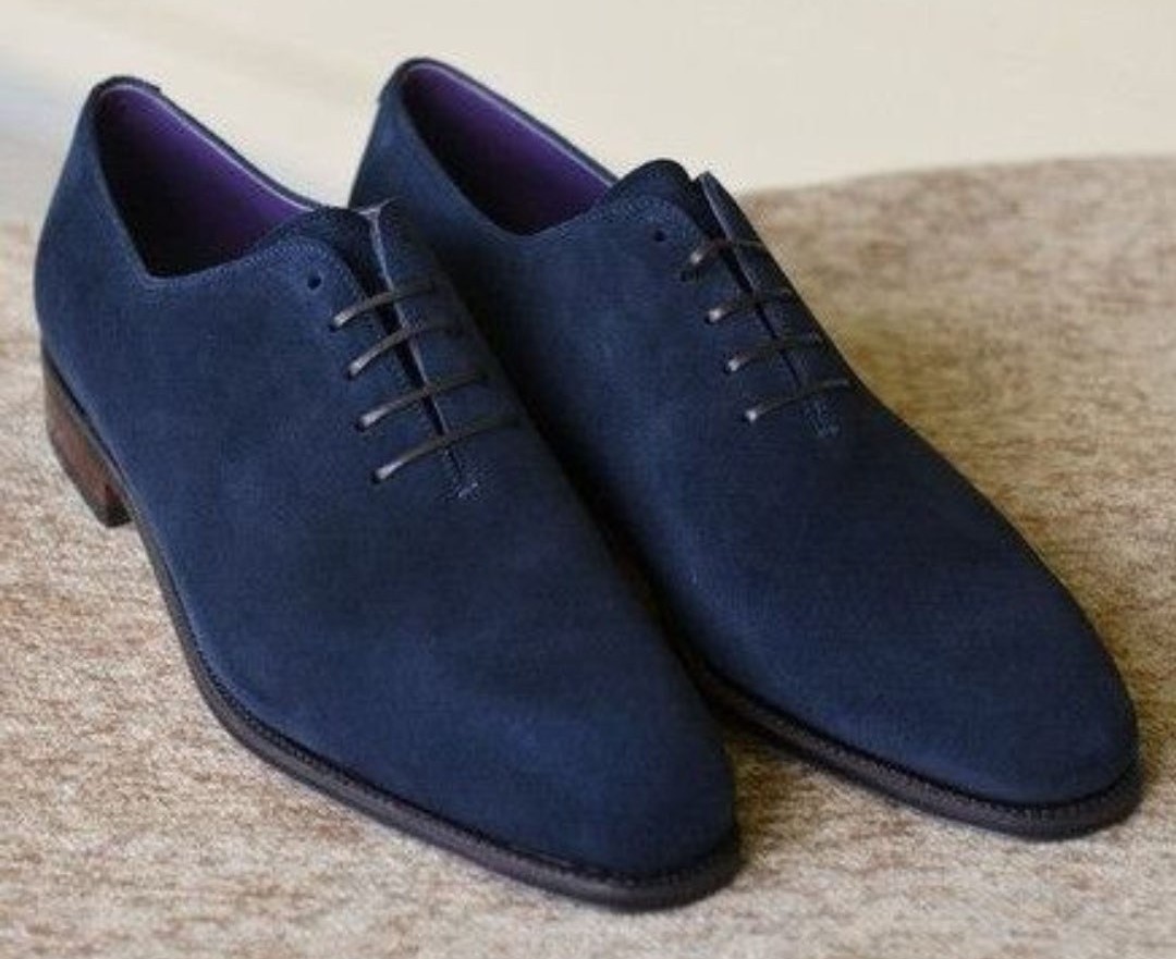 Men's Handmade Navy Blue Suede Shoes, Men Derby Lace Up Dress Formal
