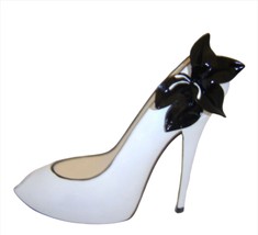Stiletto Shoe Money Bank White Resin with Black Bow 7" High Savings Woman Gift