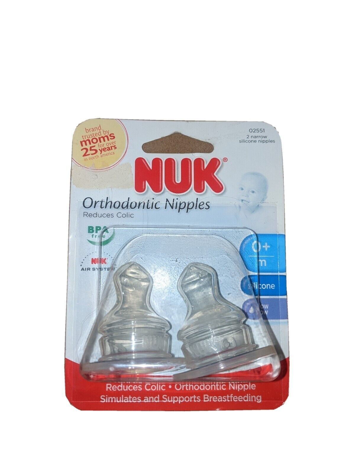 Nuk Orthodontic Narrow Silicone Nipples - Pack of 2 - 02551 - Slow Flow - 0+M