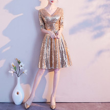 Knee Length Gold Sequin Dress Half Sleeve Sequin Gold Dress Wedding Guest Dress