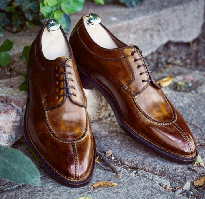 Handmade Cognac Color Leather Lace Up Shoes, Men's Split