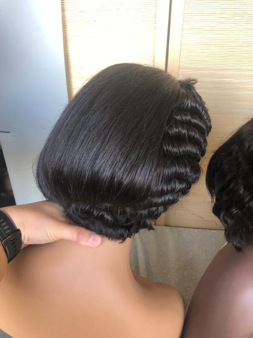 Summer hairstyle black curly pixie cut lace front wig with straight