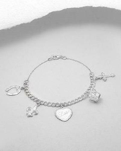 Charm Bracelet Fleur de Lis Horseshoe Heart Cross Sterling Silver 925 - $55.00