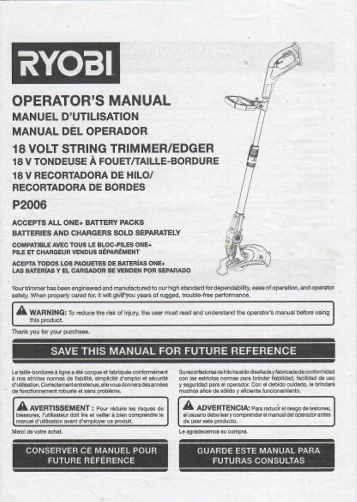 Ryobi P2006 18V String Trimmer Edger Original Owners Manual - Manuals ...