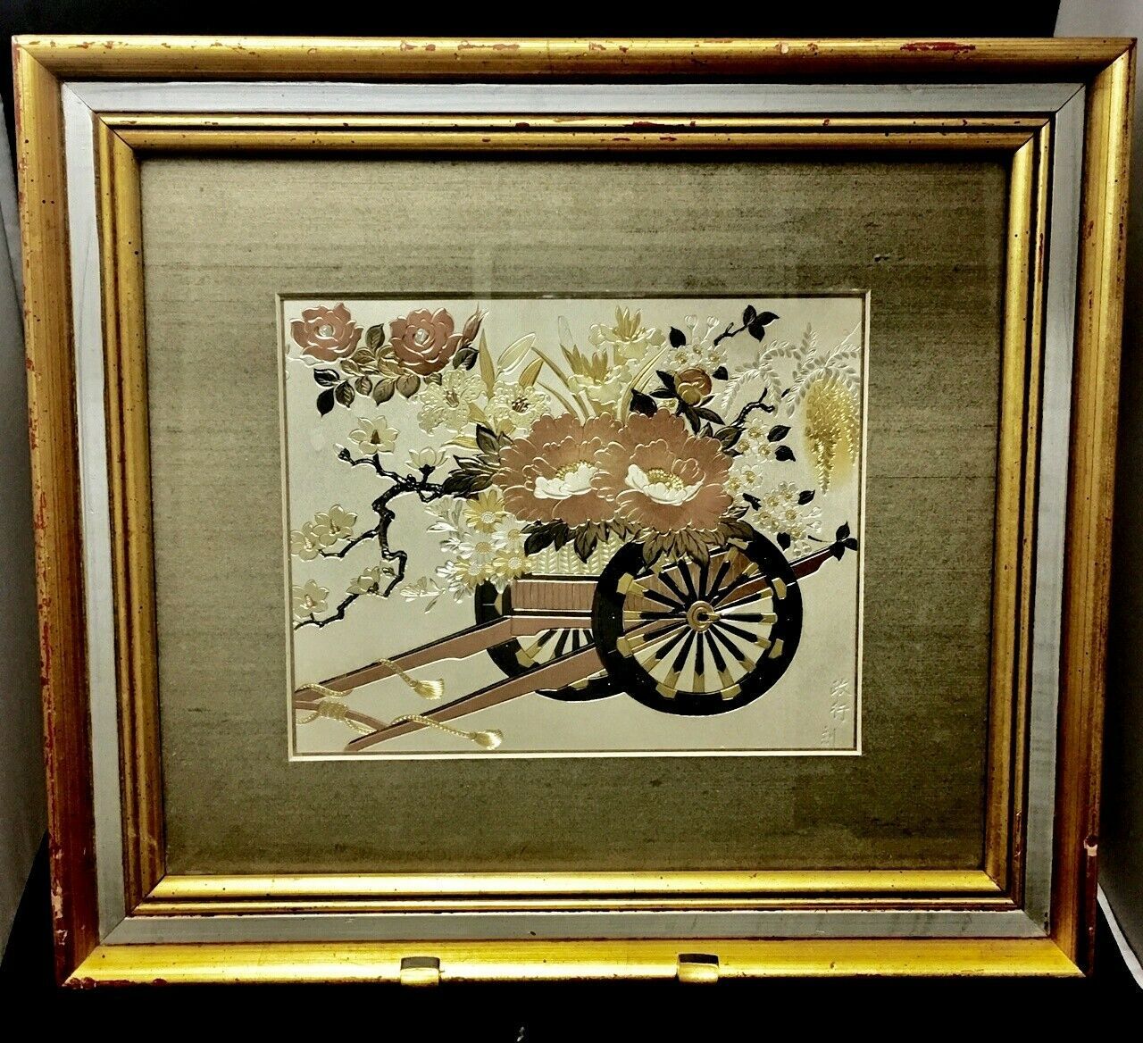 Chokin engraving Japanese art featured wagon with flowers framed wall