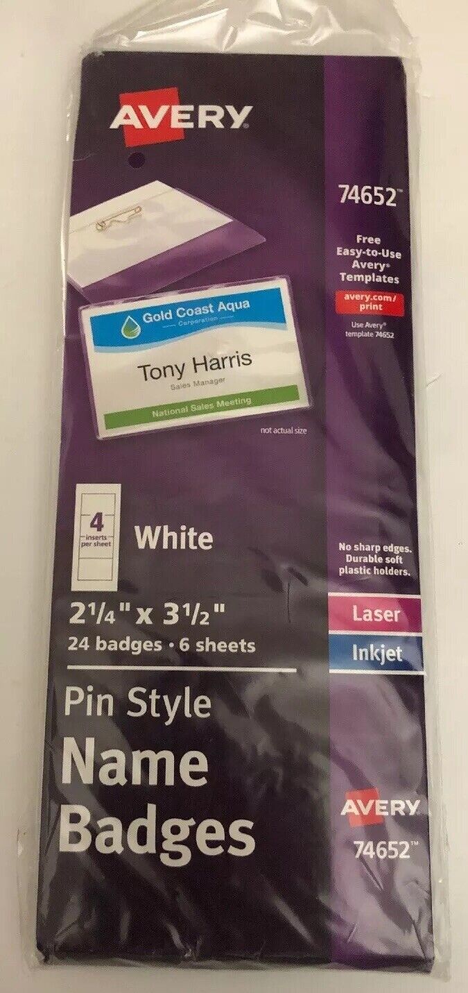 New Avery Laser and Inkjet 21/4" x 31/2" Pin Name Badges (24pk