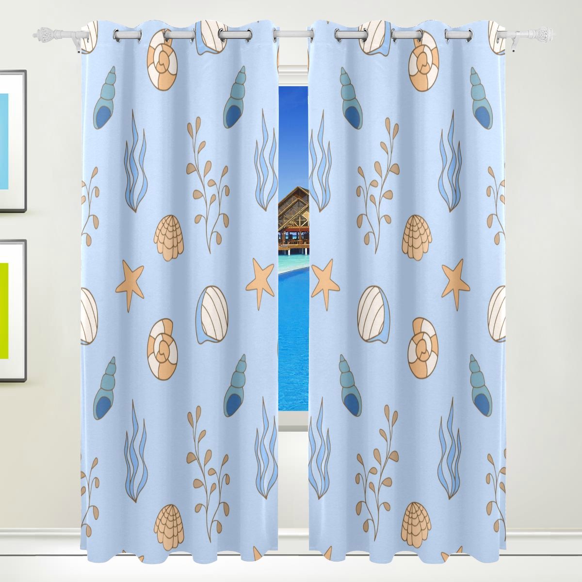 Fun Window Curtains Moss Green Summer Kelp And Seaweed Print Bathroom ...