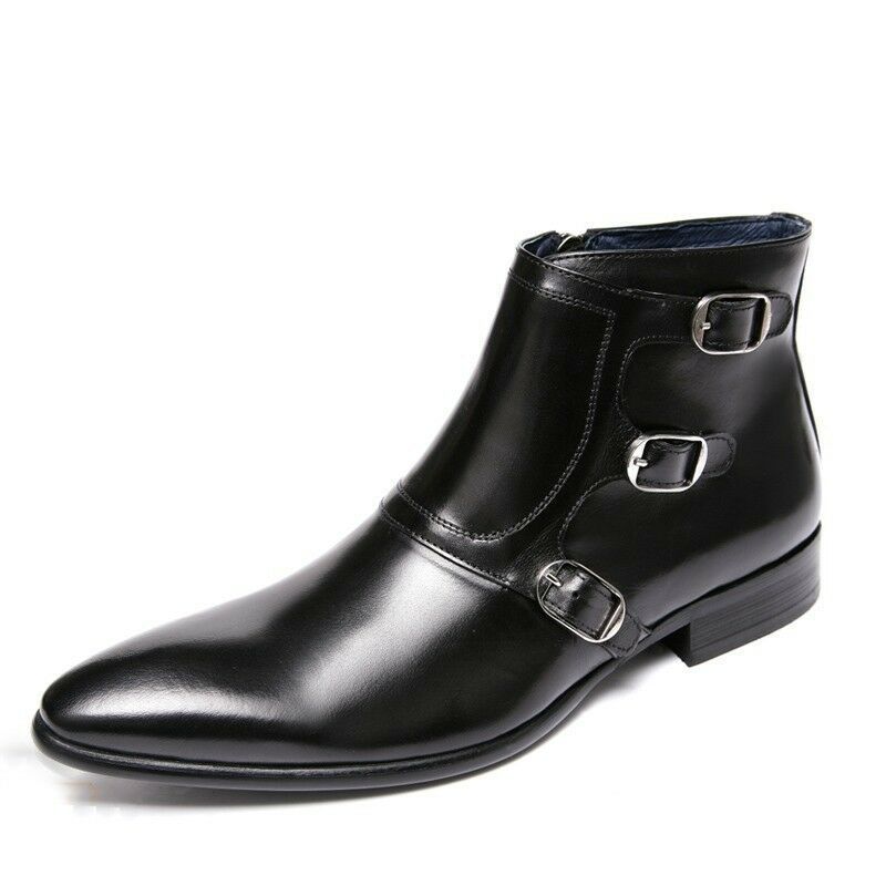 Men's Black High Ankle Monks Triple Buckle Strap Genuine Leather Boots US 7-16
