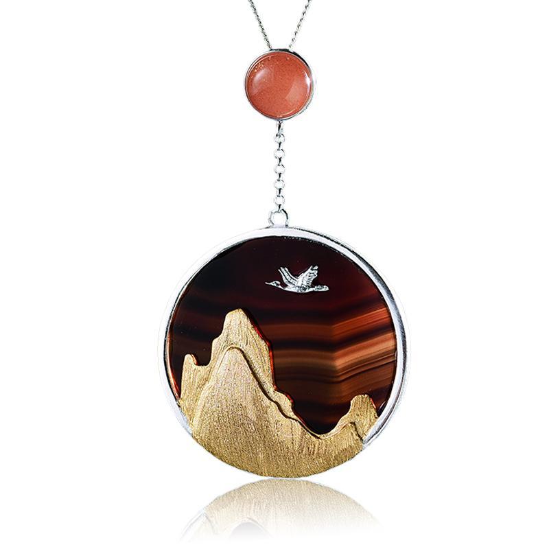 Sunset Mountain Pendant with Agate - 925 Sterling Silver + 18K Gold