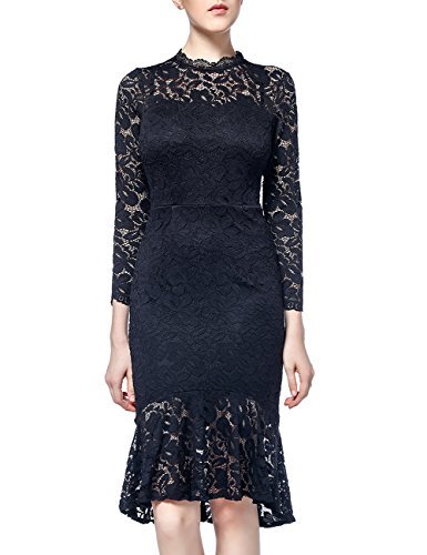 DISBEST Women's Vintage Floral Long Sleeve Round Neck Lace Bodycon ...