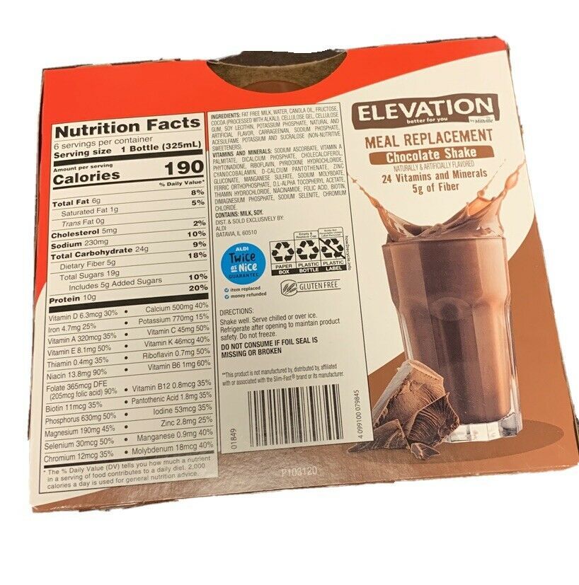 Elevation Chocolate Shake Meal Replacement 6 Bottles 11oz Each Meal