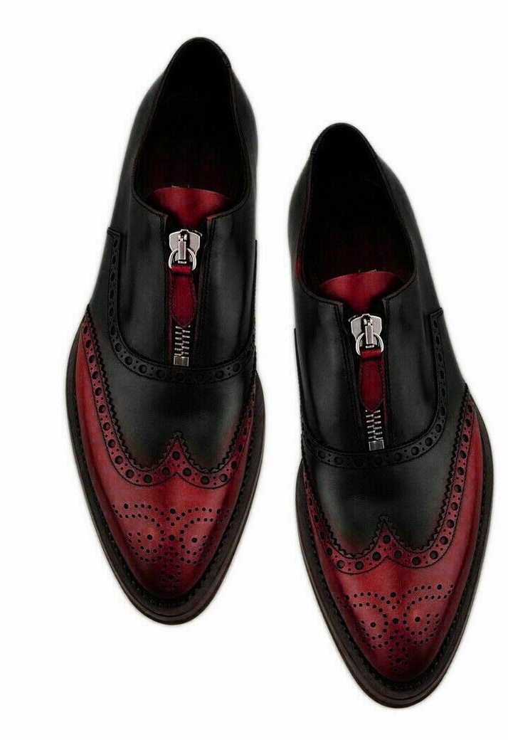 Two Tone Black Maroon Zipper Brogue Wingtip Leather Handmade Luxury Men's Shoes