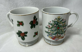 Two Lefton Japan vintage Christmas mugs one with holly And Christmas Tree - $11.26