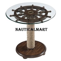 Nautical 36" Ship Wheel Table With Glass Top And Rope Base 