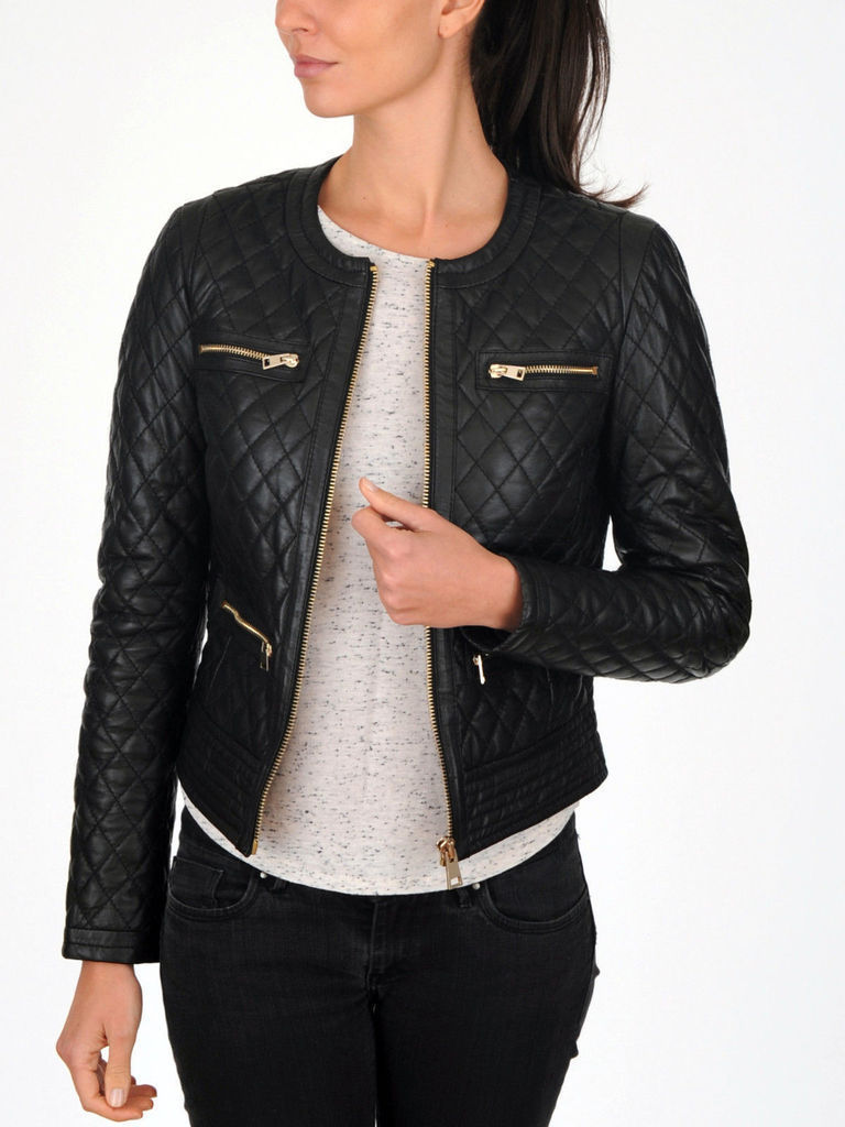 New Women's Black Quilted Slim Fit Biker Style Moto Real Leather Jacket