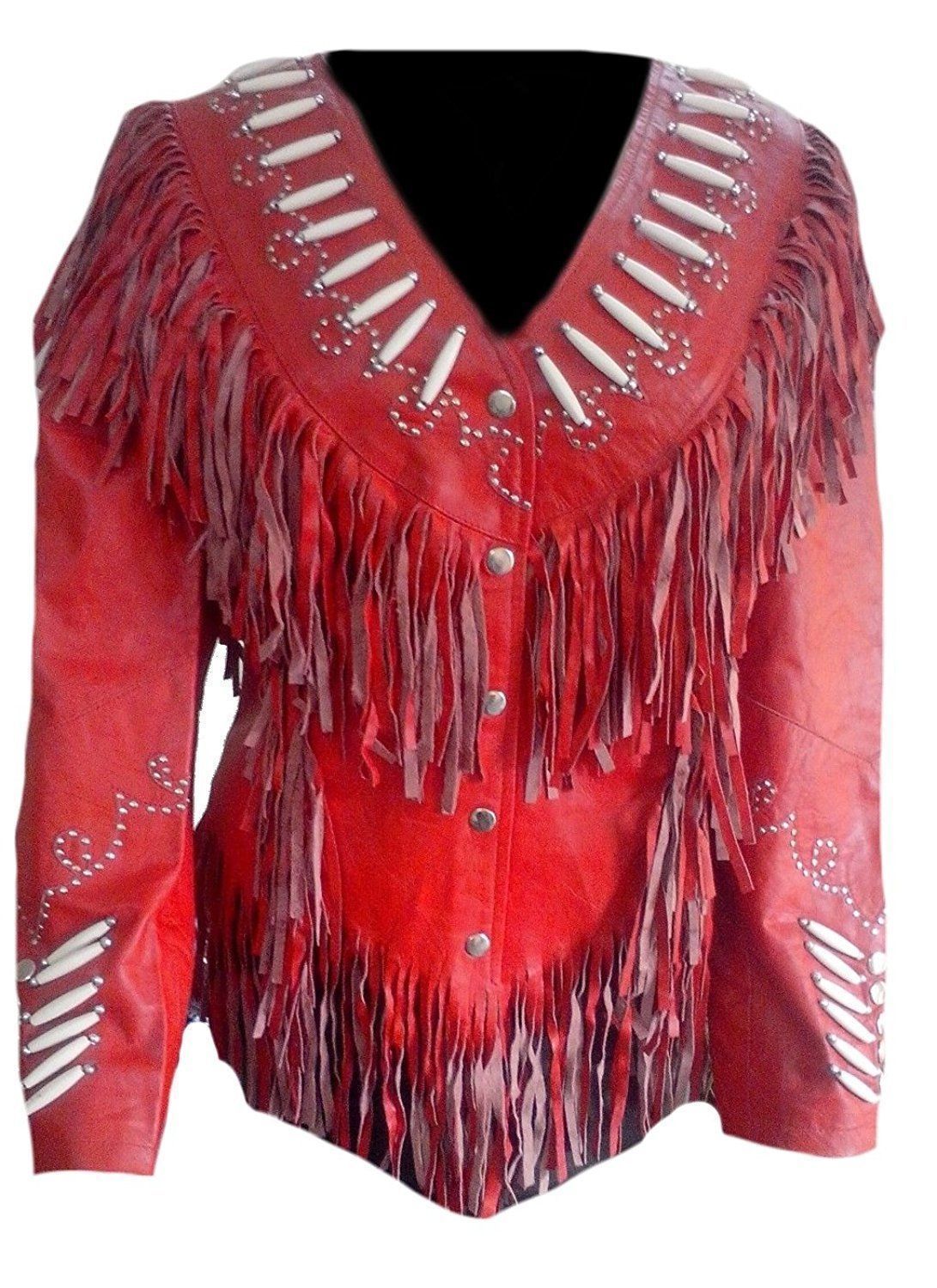 QASTAN WOMEN'S NEW NATIVE AMERICAN RED FRINGES BEADS LEATHER JACKET WWJ25 Coats & Jackets