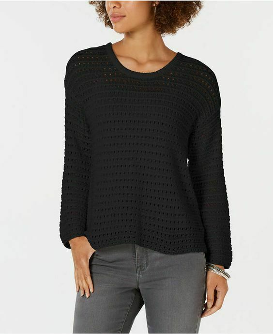 Style & Co Cotton Pointelle Crochet Slouchy Pullover Sweater, Black ...