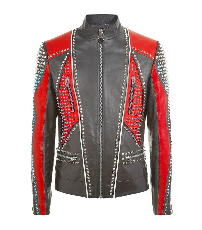 Image of Custom Made Men Philipp Plein Full Studded Leather jacket Black Red All Sizes
