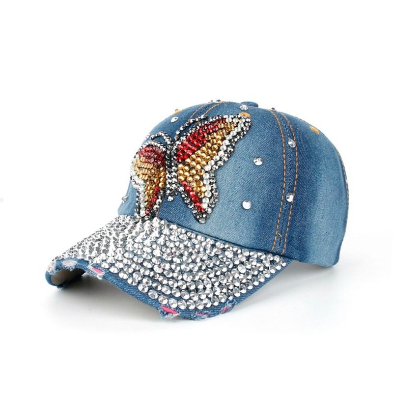 Wuaumx Rhinestone Baseball Cap Women Handmade Butterfly Bling Cap For Girl Lady Hats 4996