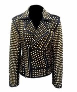 Womens Motorcycle Brando Rock Punk Golden Studded Spikes Black Leather J... - $260.00