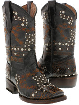 Kids Black Western Cowboy Boots Brown Leather Studded Embroidered Square Toe - $69.99