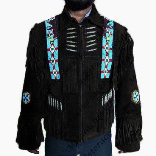 Image of Black Western Native Fringe Jacket Coat Coat Bead Bone Jacket For Men
