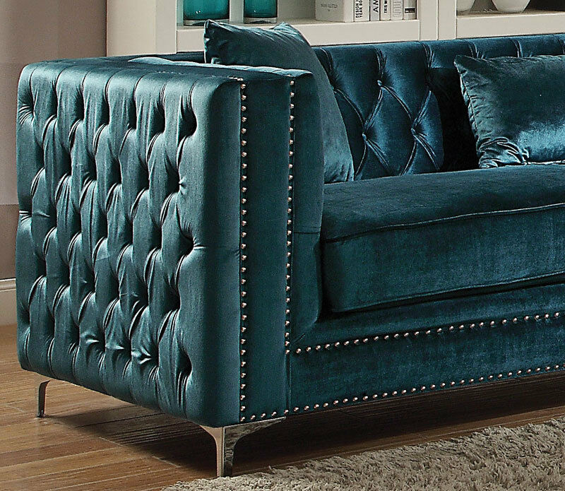 NEW Mid-Century Modern Living Room 2 piece Dark Teal Velvet Sofa Couch