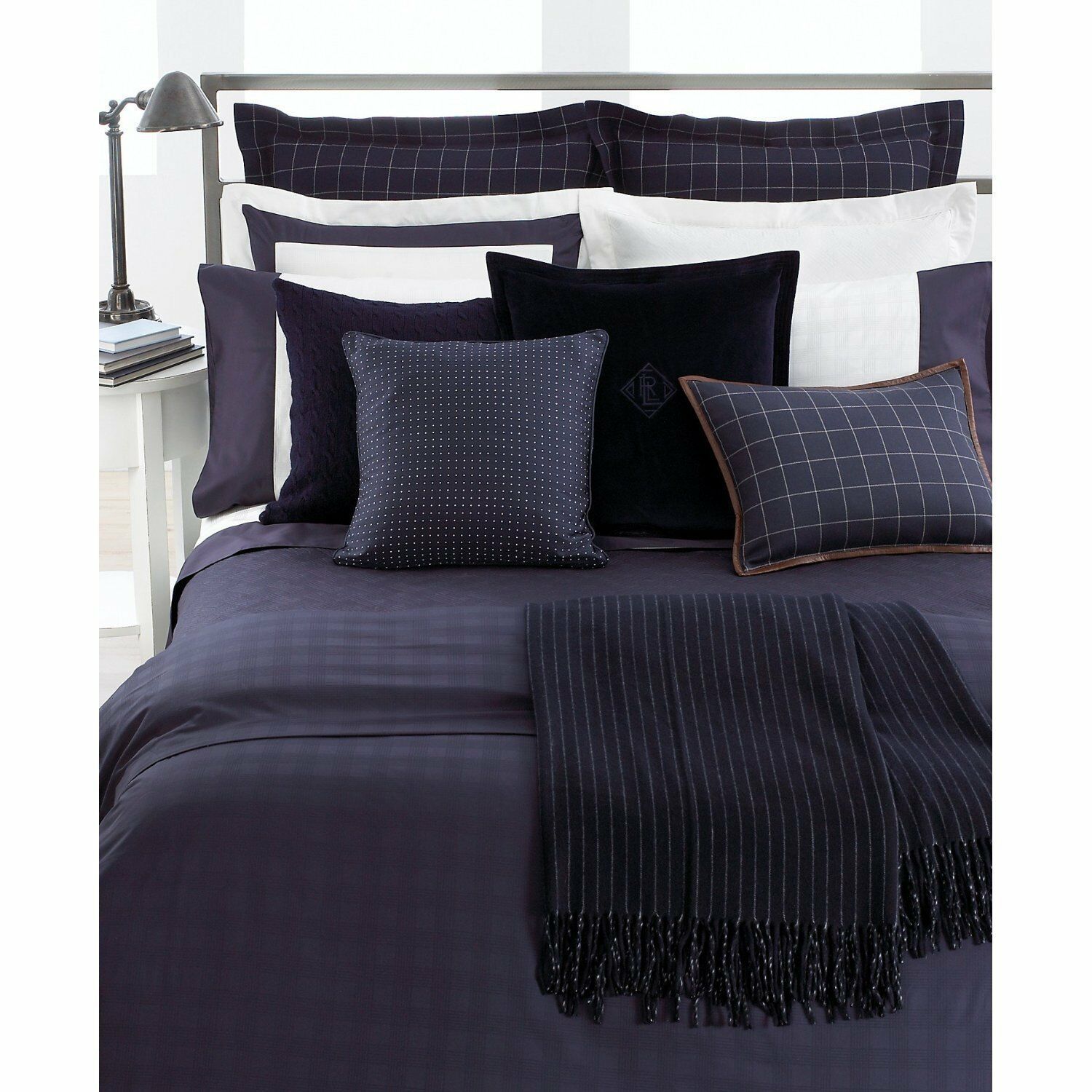 Ralph Lauren Suite Windowpane Check Navy Blue Wool Euro Shams (Set of 2