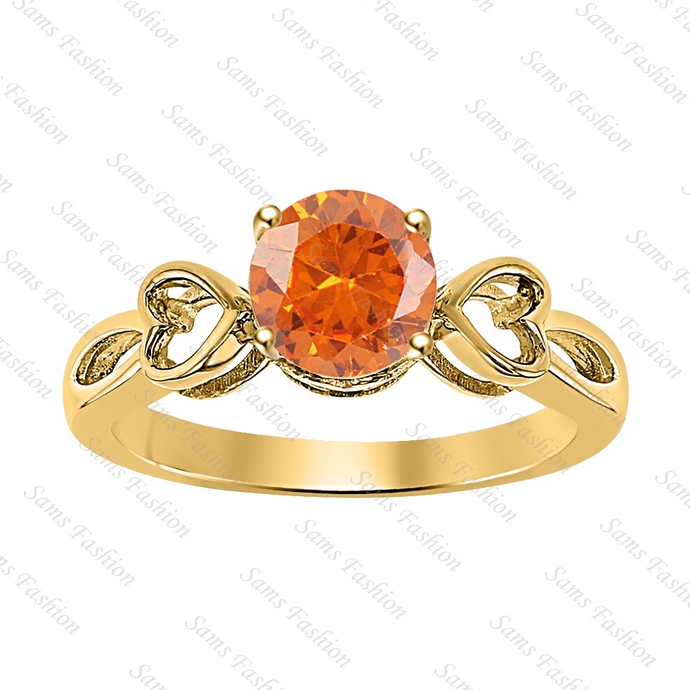 Round Orange Sapphire 14k Yellow Gold Over 925 Silver Double Heart Ring Women'