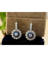 Stunning Vintage Art Deco Earrings 14K White Gold 2.21 Ct Diamond Sapphire - $79.46