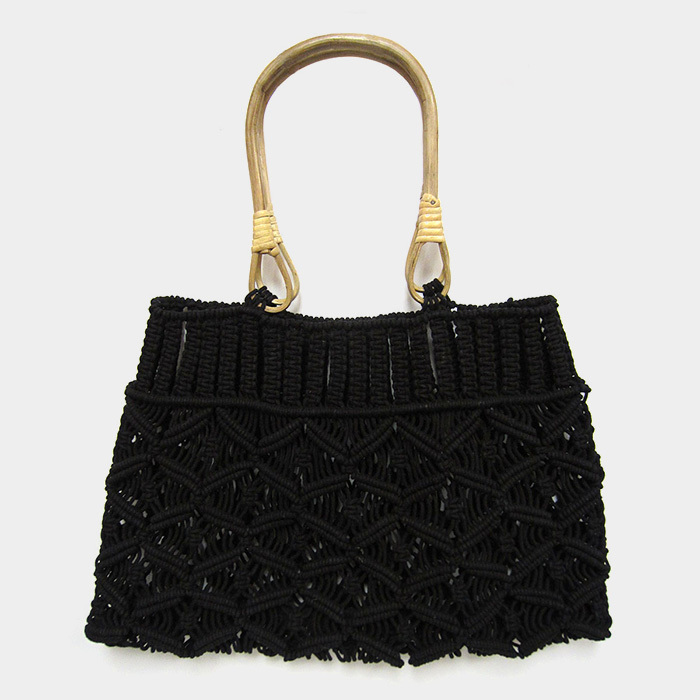 Ginga's Galleria Black Rectangle Crochet Knit Wood Handle Tote Bag ...