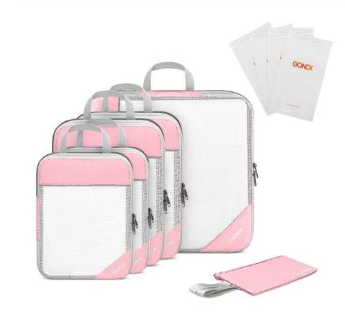 10pcs/set Travel Storage Bag Suitcase Mesh Pocket & 4 Reusable Zip Bags - Pink