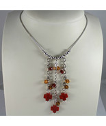 .925 RHODIUM SILVER NECKLACE, BROWN FACETED CRYSTALS, BAMBOO CORAL RED C... - $62.71