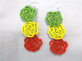 Green - Yellow - Red Rasta Color Reggae Wooden Rose Flowers Dangle Earrings - $11.99