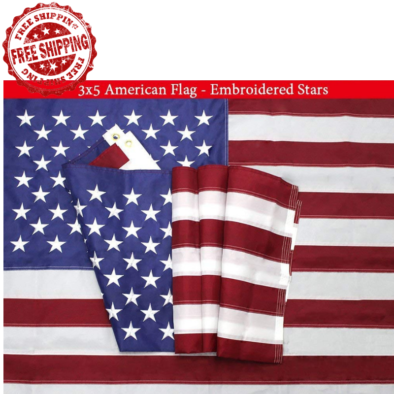 3x5 Ft American Flag GOLD FRINGE With SLEEVE Embroidered Nylon USA Indoor US