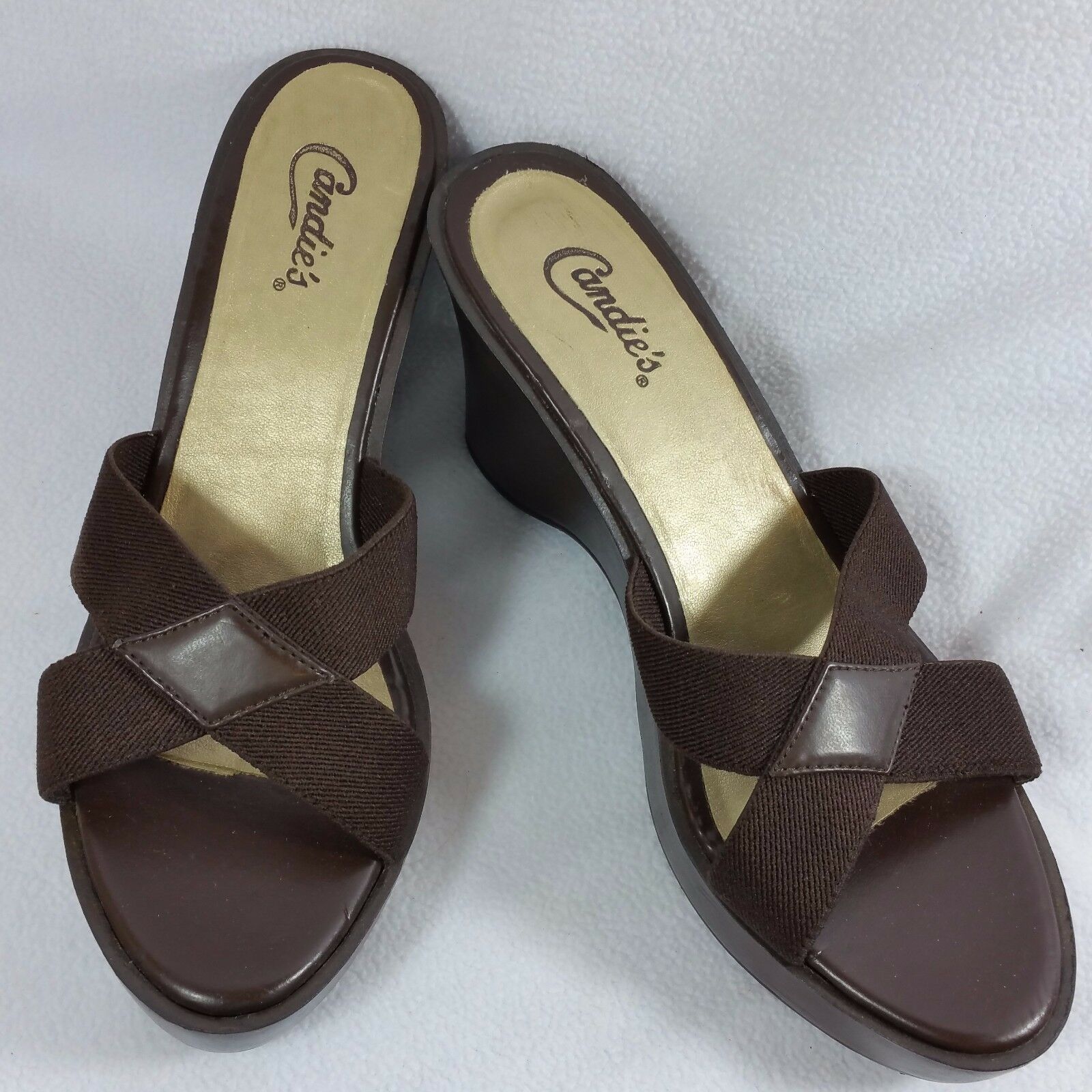 Candies Sandal Womens Size 8.5 M Brown Wedge Stretch Strap Slip On ...
