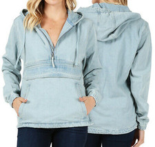 Women’s Premium Cotton Casual Hoodie Half Zip Pullover Denim Jean Jacket
