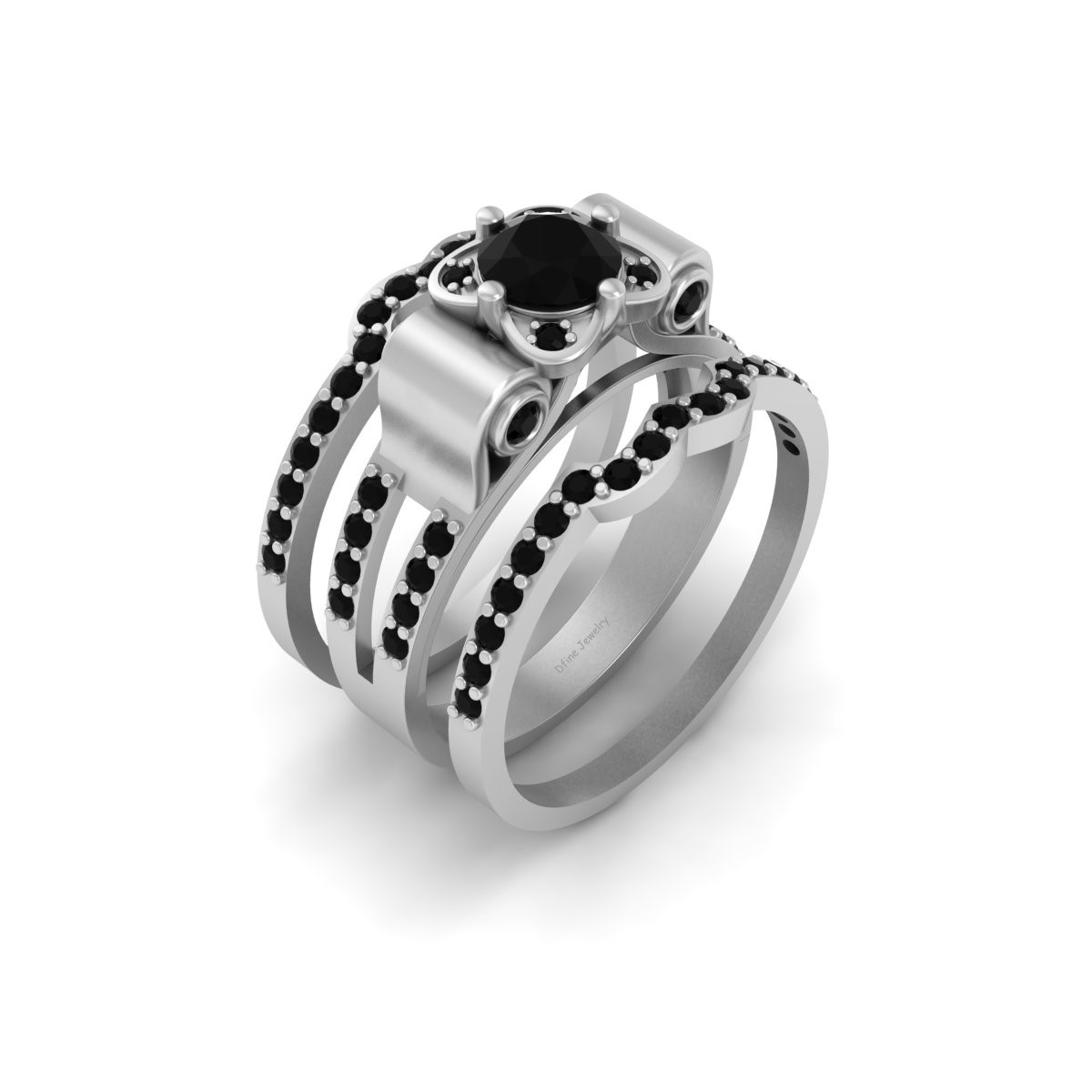 1.05tcw Black Diamond Engagement Ring Matching Wedding Band Set Solid 925 Silver
