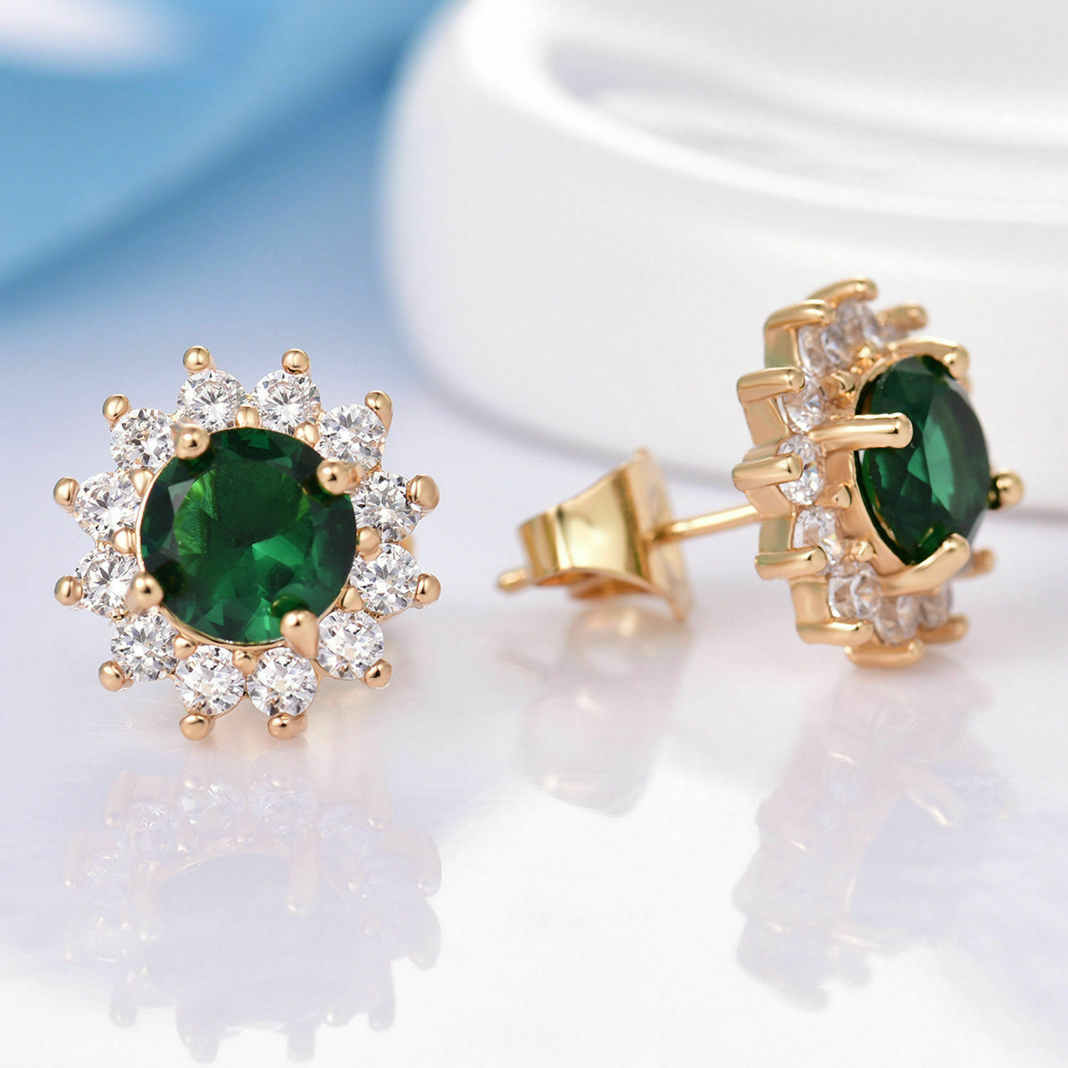 4.10Ct Round Cut Green Emerald Diamond Halo Stud Earrings 14K Rose Gold