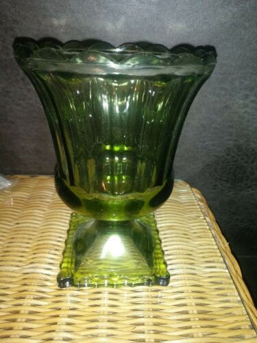 Vintage Lenox Green Glass Pedestal Vase Fluted Footed Avocado Green Planter