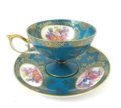 VTG Lefton Tea cup Saucer Teal Blue Victorian Courting couple Hand Painted WK913 - $39.55